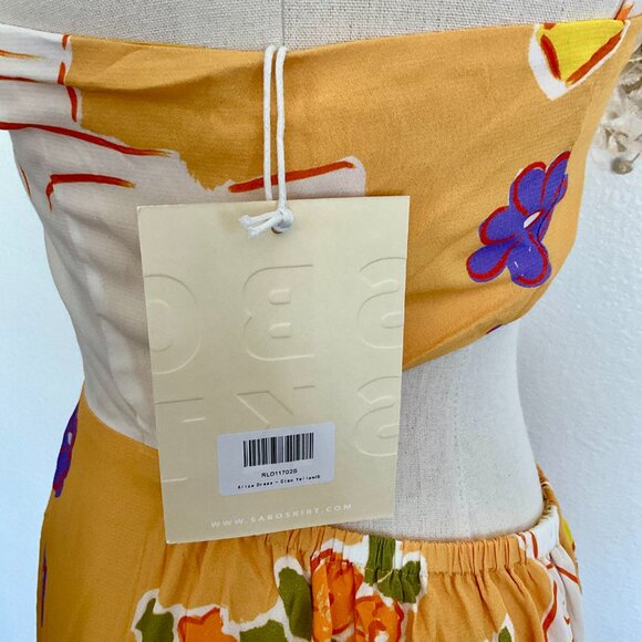 🦀 SABO Aliza Assymmetrical Cut-Out Fit and Flare Maxi Dress Ciao Yellow Print S - Picture 15 of 16